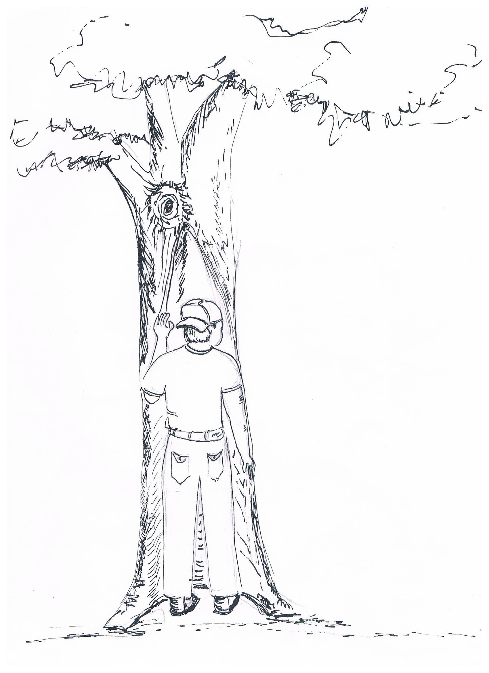 Boy hiding behind a tree